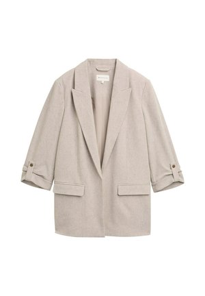 Beżowa marynarka z mieszanki lnu, z podwiniętymi rękawami przymocowanymi paskami na guziki, klapami z wycięciem oraz dwoma przednimi kieszeniami z klapkami.