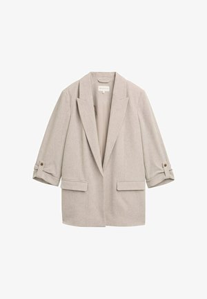 Blazer beige en mélange de lin avec manches retroussées maintenues par des pattes à boutons, revers crantés et deux poches à rabat sur le devant.