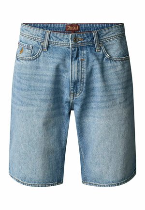 Világoskék farmer rövidnadrágok elülső zsebekkel, övhurkokkal és gombos záródással, kopott textúrával és varrási részletekkel.