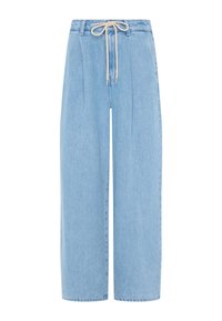 Lichtblauwe, losvallende denim broek met een trekkoord in de taille, voorzien van plooien en rechte pijpen. Casual ontwerp met een gladde textuur.