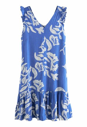 Robe bleue sans manches avec motifs floraux abstraits blancs, bretelles à volants, col en V et un ourlet volanté froncé.
