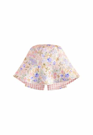 Vendtbar bøllehat med pastelfarvet blomsterprint på den ene side og lyserødt ternet mønster på den anden, blødt stof med bred skygge.