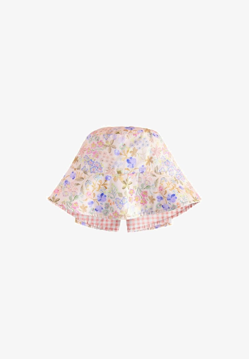Chapeau bob réversible avec un motif floral pastel d'un côté et un tissu vichy rose de l'autre, tissu doux avec un large bord.
