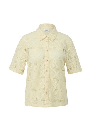 Cream-colored, short-sleeve crochet blouse with button-down front and pointed collar, featuring a geometric lace pattern.