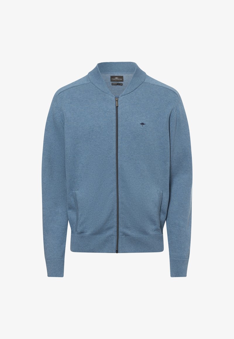 Lichtblauwe gebreide cardigan met een rits, geribbelde manchetten en zoom, zijzakken en een klein logo op de borst. Gladde textuur.