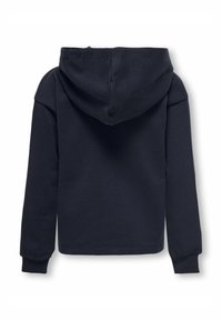 Sudadera de color azul marino con mangas largas, una capucha grande y puños acanalados. Fabricada con un tejido suave de textura lisa, sin patrones visibles.