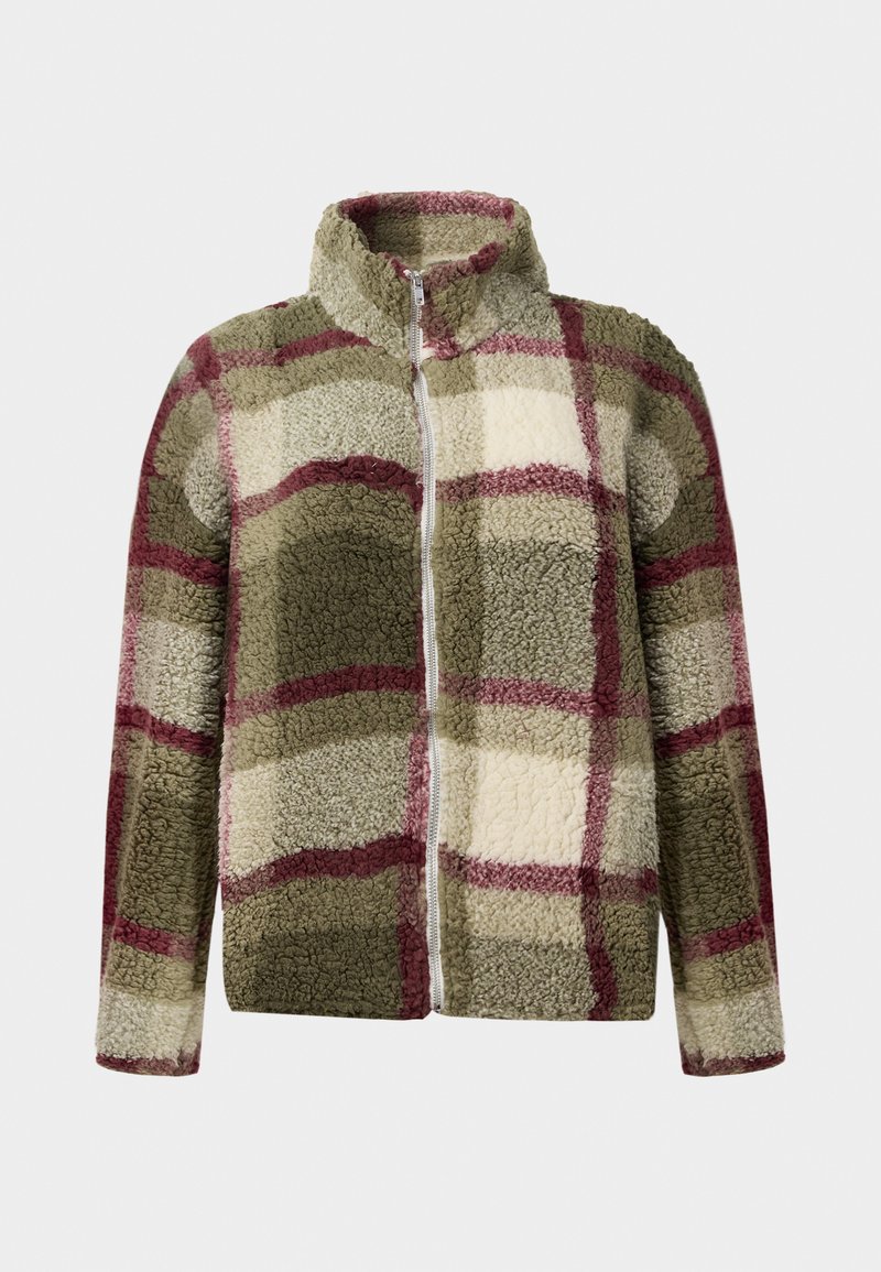 Giacca in fleece con colletto alto, caratterizzata da un motivo a quadri in verde, crema e bordeaux. Chiusura a zip integrale e superficie testurizzata.