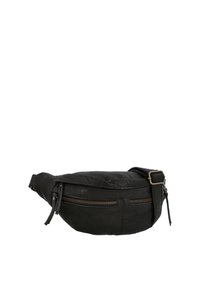 Sac banane en cuir noir avec poche zippée à l'avant, sangle réglable et boucle en laiton sur fond blanc.