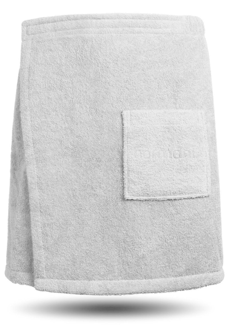 Helles graues Handtuch-Wrap aus Frottierstoff, mit einer weichen Textur, runder Form und einer aufgenähten Tasche auf der Vorderseite.