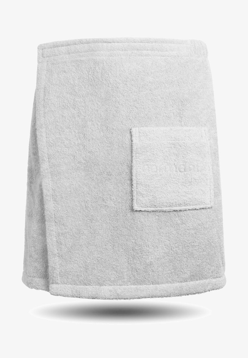 Helles graues Handtuch-Wrap aus Frottierstoff, mit einer weichen Textur, runder Form und einer aufgenähten Tasche auf der Vorderseite.