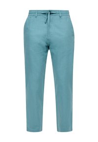 Lichtblauwe linnen broek met een trekkoord in de taille en taps toelopende benen. Glad textuur, geen zichtbare patronen of hardwaredetails.