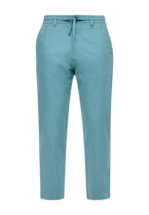 Pantalons en lin bleu clair avec une taille à cordon et des jambes effilées. Texture lisse, sans motifs visibles ni détails matériels.
