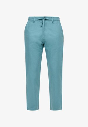 Helle blaue Leinenhosen mit verstellbarem Bund und schmal zulaufendem Bein. Glatte Textur, keine sichtbaren Muster oder Metalldetails.