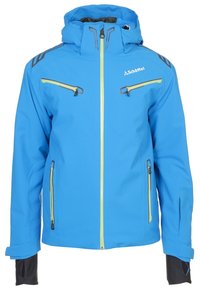 Veste imperméable bleue avec capuche, fermetures éclair jaunes sur la poitrine et les côtés, protège-poignets noirs et logo Schoffel sur la poitrine.