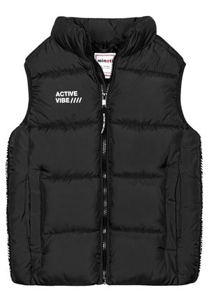 Schwarze gepolsterte Weste mit hohem Kragen, Frontreißverschluss, zwei seitlichen Taschen und bedrucktem "ACTIVE VIBE"-Logo auf der Brust. Glatte, glänzende Textur.