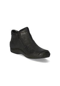 Bottine en cuir noir avec zip latéral, bout rond, dessus texturé et semelle basse et flexible avec motif de gomme.