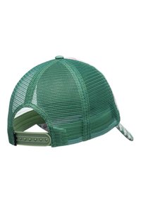 Grön mesh-basebollkeps med en böjd skärm, justerbart band och blommönster på framsidan. Texturerad finish och väldesignad för andningsförmåga.
