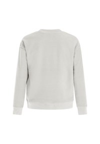 Lichtgrijze sweatshirt van een zachte, gestructureerde fleece stof. Heeft een eenvoudige ronde hals, lange mouwen en ribbelboorden aan de onderkant en de mouwen.