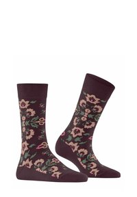 Knielange Socken in Dunkelviolett mit floralen Mustern in Hellrosa, Creme und Grün. Gerippte Bündchen und glatte Textur.