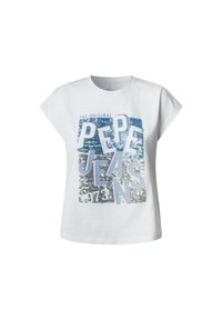 Biely tričko s krátkym rukávom s poškodeným modro-strieborným grafickým potlačou s nápisom "PEPE JEANS" a "1973" veľkými písmenami.