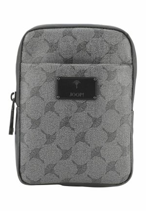 Gray textured tablet case with subtle patterned design. Features a black logo plate and zipper closure. Smooth, durable material. Compact shape.