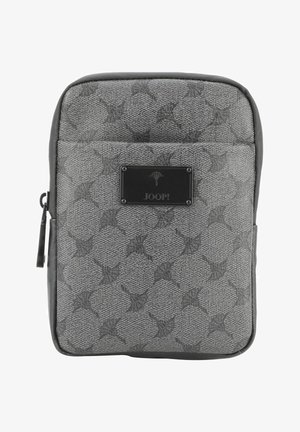 Custodia per tablet grigia con texture e un design a motivi sottili. Caratterizzata da una placca con logo nera e chiusura a cerniera. Materiale liscio e durevole. Forma compatta.