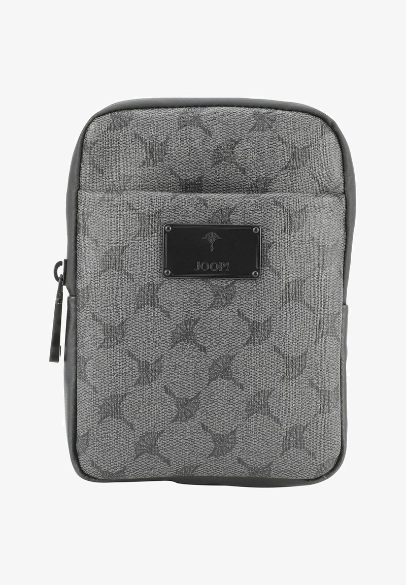 Custodia per tablet grigia con texture e un design a motivi sottili. Caratterizzata da una placca con logo nera e chiusura a cerniera. Materiale liscio e durevole. Forma compatta.