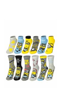 Set di 12 paia di calzini per bambini con i personaggi dei Minions. Colori variati che includono grigio, giallo e blu, con motivi giocosi e testi.