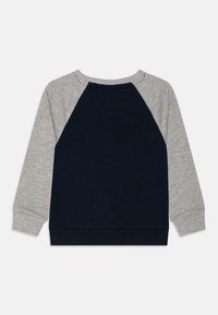 Marineblauwe sweatshirt met grijze raglanmouwen, voorzien van een ronde halslijn en geribde manchetten en zoom. Toont de achterkant van het kledingstuk.