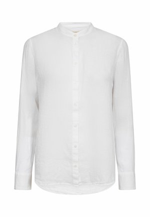 Balta, garām piedurknēm, pogām aiztaisāma krekls ar mandarīna kaklu un smalku tekstūru, priekšpusē ar astoņām baltām pogām.