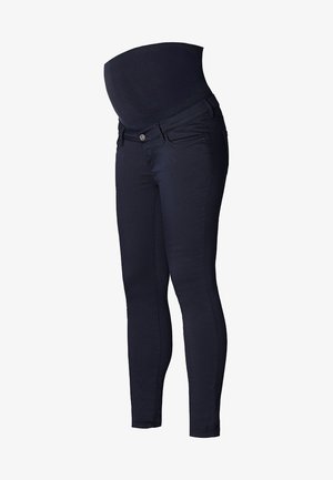 Vaqueros skinny de maternidad en azul marino oscuro, con una cinturilla elástica alta, diseño de cinco bolsillos y una silueta ajustada con ligero estiramiento.