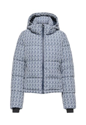Gewatteerde jas met een geometrisch blauw-wit patroon, voorzien van een rits, capuchon en elastische zwarte manchetten voor een nauwsluitende pasvorm.