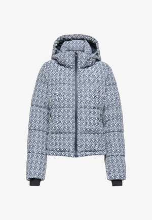 Gewatteerde jas met een geometrisch blauw-wit patroon, voorzien van een rits, capuchon en elastische zwarte manchetten voor een nauwsluitende pasvorm.