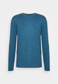 Blauer Pullover aus strukturiertem Strickstoff, mit rundem Halsausschnitt und langen Ärmeln. Minimales Logo auf der Brust.