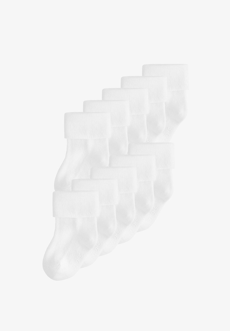 Confezione da dieci calzini per neonati bianchi, con bordo a costine piegato, materiale morbido in misto cotone e vestibilità elastica.