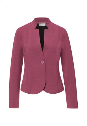 Blazer violet texturé pour femme, manches longues, fermeture à un bouton sur le devant, et col ouvert sans col.