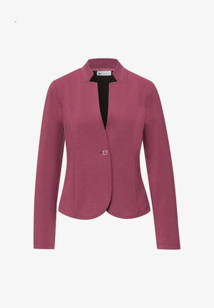 Blazer morado texturizado para mujer con mangas largas, cierre frontal con un solo botón y escote abierto sin cuello.