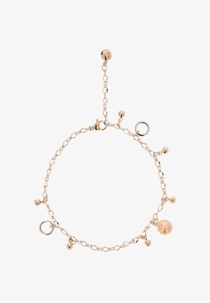 Bracciale in metallo di tonalità dorata con perline rotonde, un accento in perla e maglie alternate con dettagli in hardware circolari. Design con chiusura regolabile.