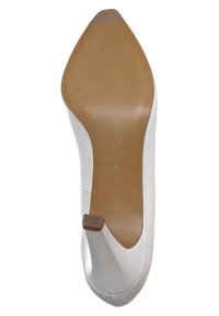 Weißer Lederpumps mit spitzer Zehenpartie und glatter Oberfläche. Die Sohle ist hellbraun mit einem kleinen braunen Absatzakzent. Größe 5 gekennzeichnet.