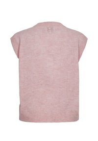 Pull sans manches en tricot rose doux avec ourlet côtelé et manches kimono, vu de dos sur fond blanc.