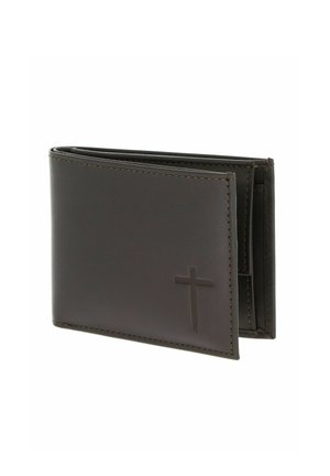 Portefeuille bifold en cuir brun foncé avec bords cousus et croix embossée sur le devant, partiellement ouvert montrant les compartiments intérieurs.