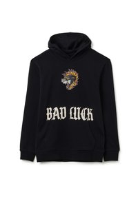 Zwarte hoodie met een voorste buidelzak, voorzien van een pantherafbeelding versierd met vlammen en de tekst "BAD LUCK" in witte, vette lettertype.