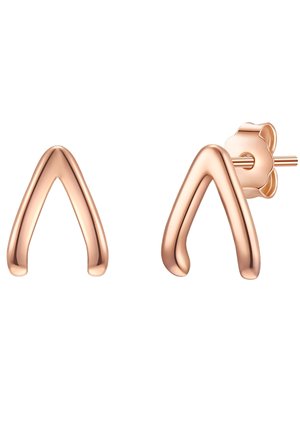 Øreringe i rose-guld metal med et glat, buet trekantet design. Stifterne har et blomsterbaggrundsdetalje.
