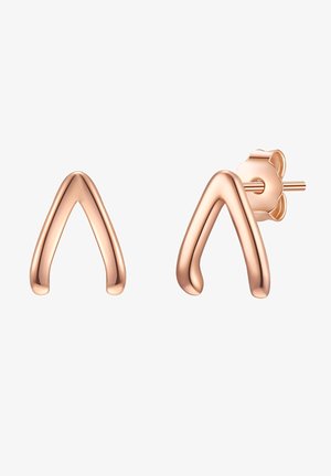Øreringe i rose-guld metal med et glat, buet trekantet design. Stifterne har et blomsterbaggrundsdetalje.