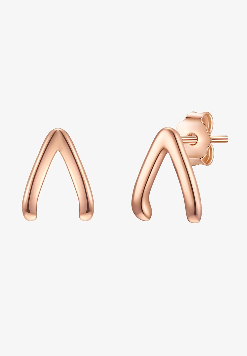 Øreringe i rose-guld metal med et glat, buet trekantet design. Stifterne har et blomsterbaggrundsdetalje.