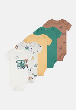 Set of five short-sleeve baby bodysuits: white, gray with vehicles, yellow stripes, green, and brown with airplane prints; soft cotton fabric.