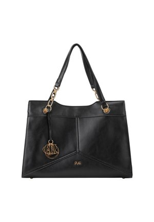 Sac à main en cuir noir au design structuré, avec des accents en métal doré et un charme décoratif en forme de logo. Il dispose de deux poignées de transport.