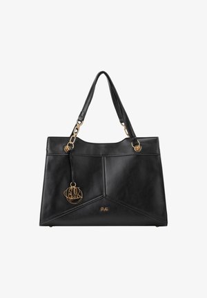 Schwarze Lederhandtasche mit strukturiertem Design, goldenen Hardware-Akzenten und einem dekorativen Logo-Anhänger. Verfügt über zwei Tragriemen.