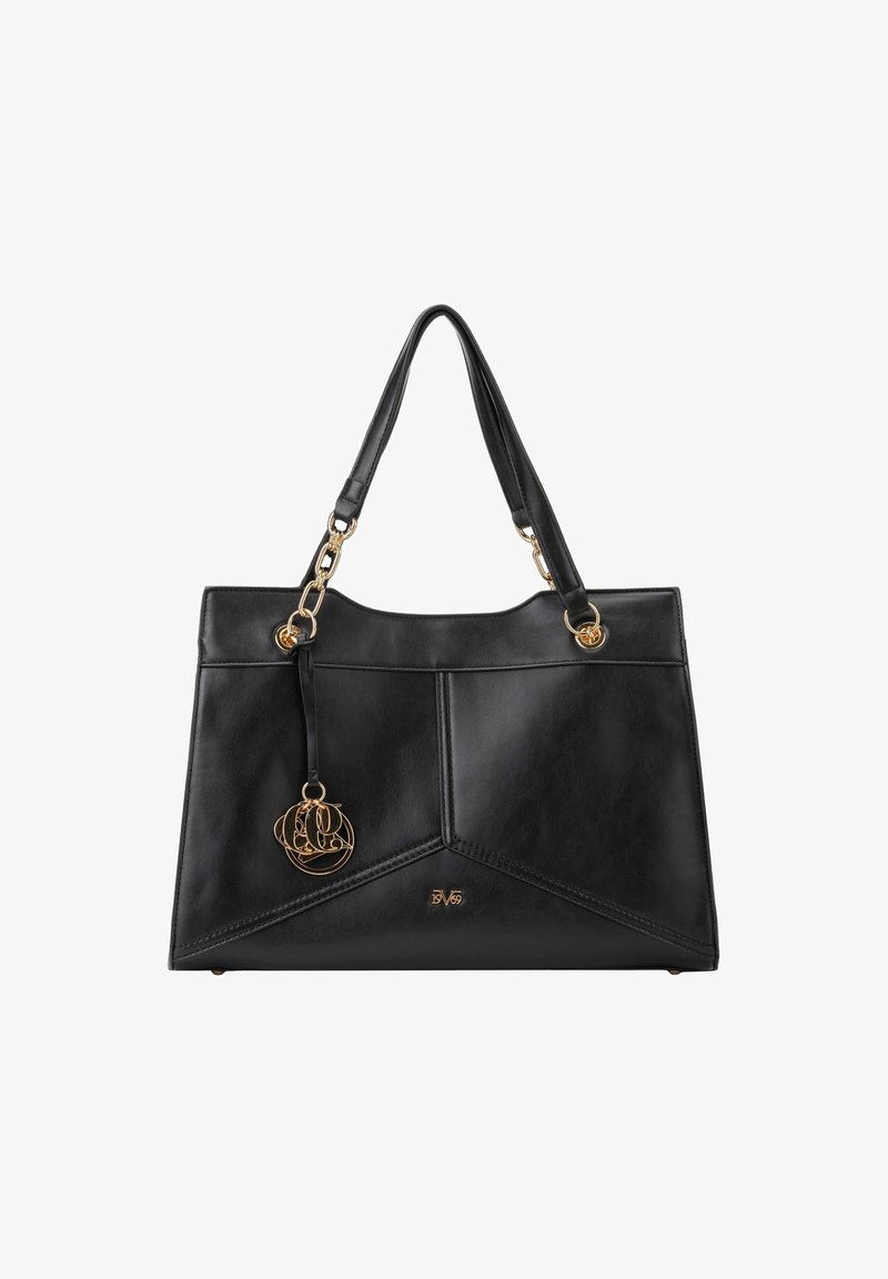 Black leather handbag with structured design, gold hardware accents, and a decorative logo charm. Features dual carrying straps.