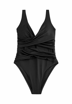 Must üheosaline ujumistrikoo sügava V-kaeluse ja voltidega mähkekangaga kere piirkonnas, laiad õlapaelad ja kõrge lõikega jalad.